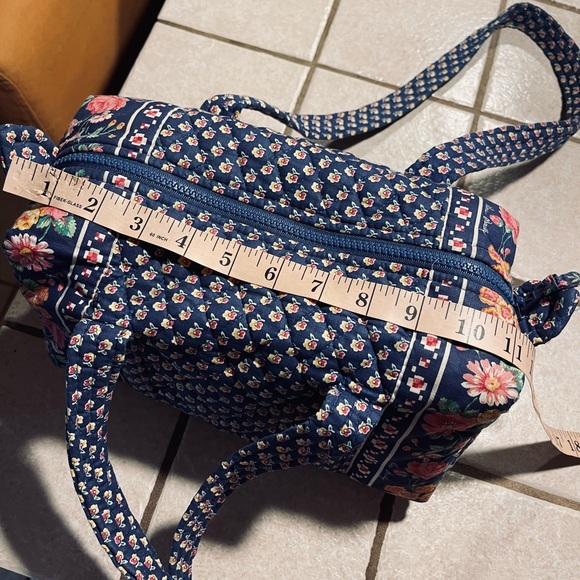 90s Vintage Vera Bradley Mini Duffel in Indiana Pattern Royal Blue Pocket Sides - Picture 13 of 17